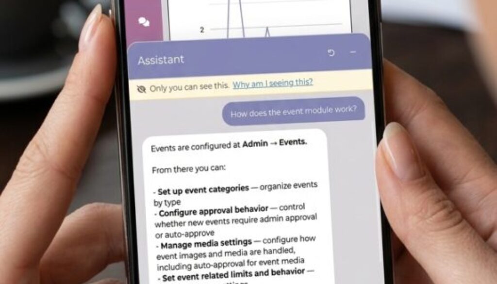 Screenshot of iDateMedia customer using the AI chatbot to navigate through the admin settings.